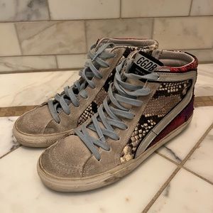 Golden Goose Suede and Snake Print Sneakers with Blue Laces